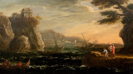 Jan de Momper, detto Monsù X (Anversa 1614-1684)  - Marina in tempesta con astanti in riva