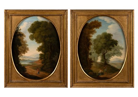 Scuola romana, fine secolo XVIII - inizi secolo XIX - Due paesaggi con viandanti (en pendant)