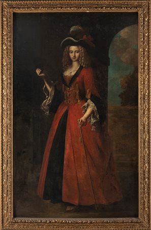Scuola dell'Italia settentrionale, secolo XVIII - Ritratto di dama, a figura intera, in abito rosso con paesaggio sullo sfondo