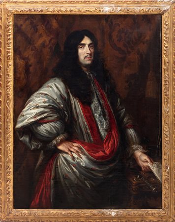 Scuola olandese, seconda metà del secolo XVII - Ritratto di nobiluomo a tre quarti di figura, con lettera in mano, in toga di seta grigia e porpora