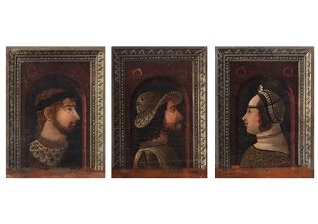 Maestro di Monticelli (Gerolamo Bembo?) attivo intorno al 1480-1490 - Due ritratti di gentiluomini e un ritratto di gentildonna (probabilmente Bona di Savoia, duchessa di Milano)