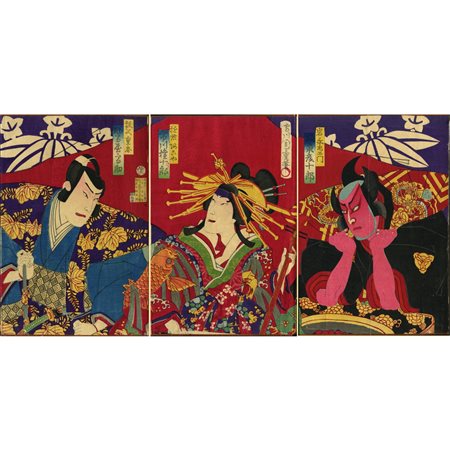 MORIKAWA CHIKASHIGE (attivo seconda metà XIX secolo), Attori del teatro kabuki, 1881