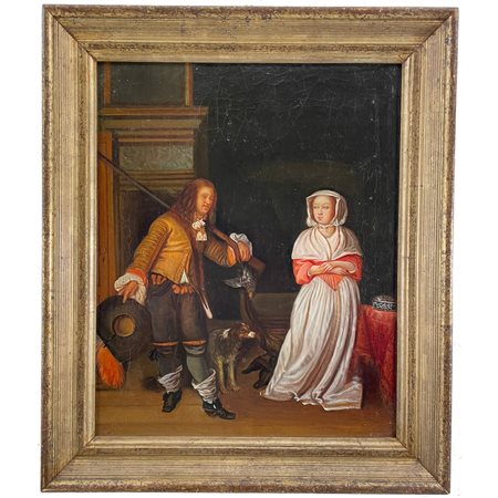 Dipinto di Scuola Fiamminga raffigurante “Scena galante”, dell’inizio del XIX secolo