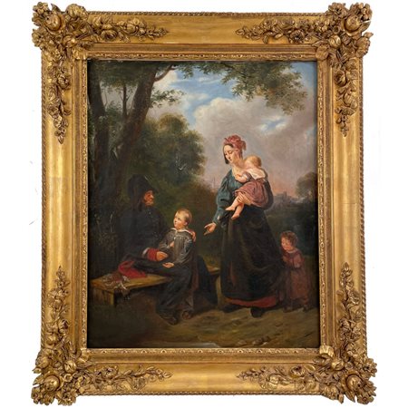 “La carità del vecchio reduce alla giovane vedova”, dipinto francese della metà del XIX secolo
