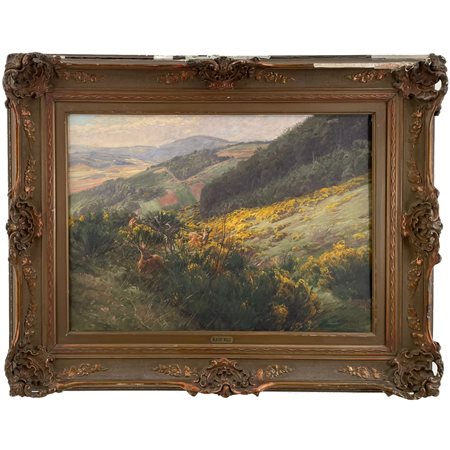Albert Holz (1884-1954), Prato fiorito nell'altopiano dell' Eifel con cervi al pascolo