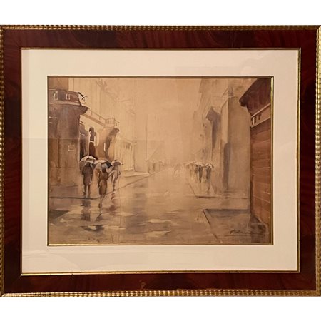 Armani Ernesto Giuliano (1898 - 1986), Pioggia in città, Acquerello