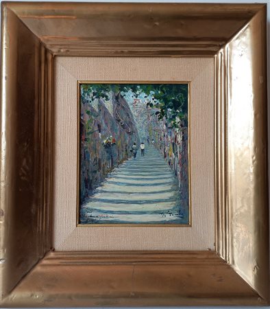 ELVINO TOMBA - Strada a gradini Napoli 1950 - Olio su cartone cm.19,5x14 -...
