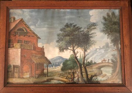 Ignoto del XIX secolo - Paesaggio con ponti e figure - Olio su tela cm.26x38...