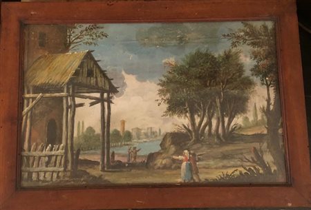 Ignoto del XIX secolo - Paesaggio con fiume e figure - Olio su tela cm.26x40...