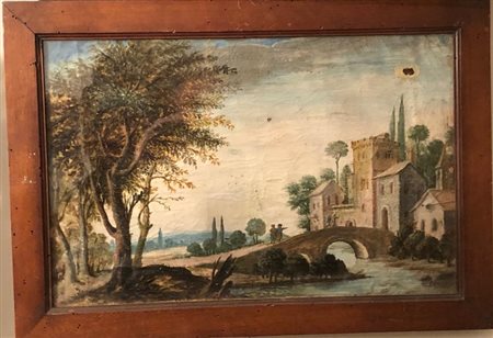 Ignoto del XIX secolo - Paesaggio con borgo, ponte e figure - Olio su tela...