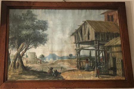 Ignoto del XIX secolo - Paesaggio con cascina e figure - Olio su tela...