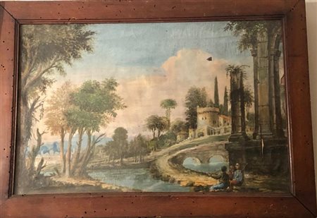 Ignoto del XIX secolo - Paesaggio con rovine e figure - Olio su tela cm.26x40...