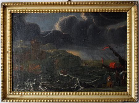 Scuola del XVIII secolo - Mare in burrasca - Olio su tela cm.50x74 con...