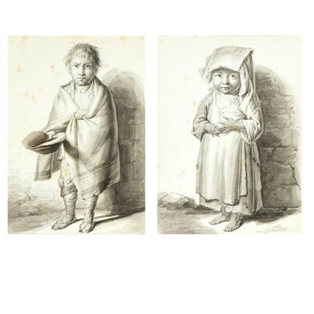 FILIPPO BALBI (Napoli, 1806 - Alatri, 1890): Lotto composto da due disegni raffiguranti rispettivamente un piccolo mendicante e una bambina di Ceprano, 1874/75