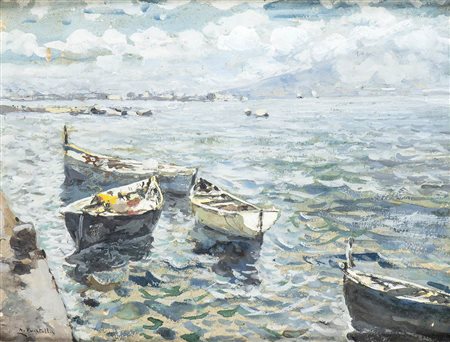 ATTILIO PRATELLA (Lugo, 1856 - Napoli, 1949) : Veduta del porto di Napoli con Vesuvio