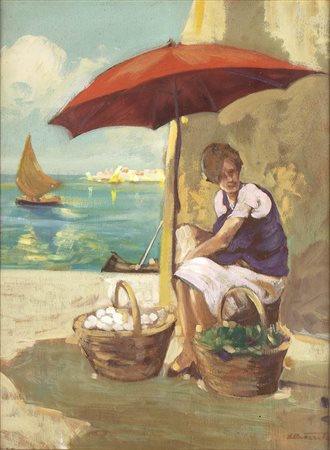 ATTILIO ACHILLE BOZZATO (Chioggia, 1886 - Cremona, 1954): Venditrice di uova in un borgo marino
