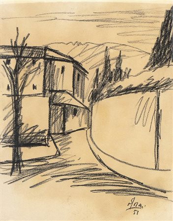 OTTONE ROSAI (Firenze, 1895 - Ivrea, 1957): Strada di paese, 1951