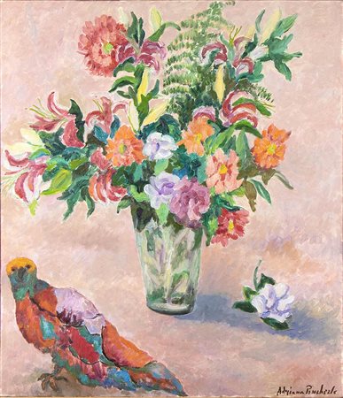 ADRIANA PINCHERLE (Firenze, 1905 - 1996): Fiori e pappagallo, 1989