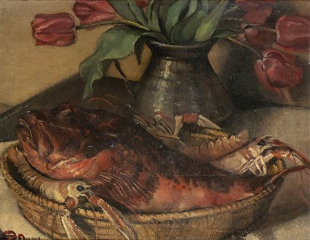 EMILIA ZAMPETTI NAVA (Camerino, 1883 - Roma, 1970): Natura morta con cesto di scampi