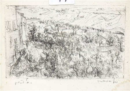 ARNOLDO CIARROCCHI (Civitanova Marche, 1916 - 2004): Paesaggio con palazzina 