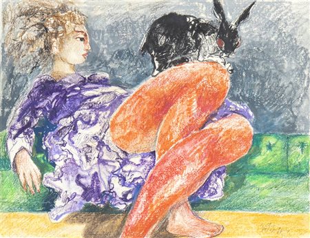 ENNIO CALABRIA (Tripoli, 1937): Donna con coniglio (studio di figura)