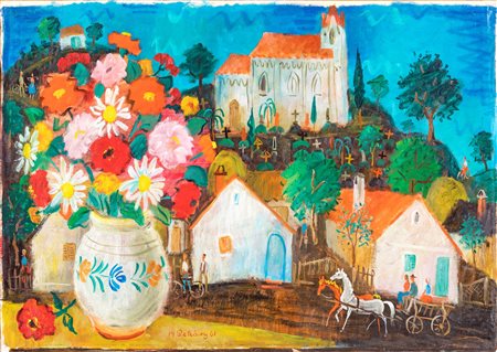 István Pekáry, Città con chiesa e vaso di fiori, 1961
