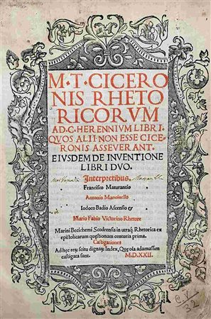 MARCUS TULLIUS CICERO: Rhetoricorum Ad Herennium, Venezia, Bernardino De Vitali, 1522