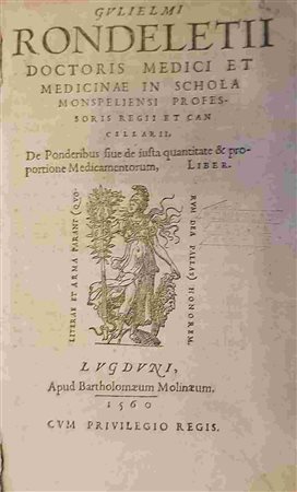 GUILLAUME RONDELET (1507-1566) : Gulielmi Rondeletii ... De Ponderibus sive de justa quantitate & proportione medicamentorum, Liber. Lugduni (Lyon) Apud Bartholomaeum Molinaeum, 1560