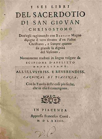 BASILIUS MAGNUS: I Tre Libri Del Sacerdotio, Piacenza, Francesco Conti, 1574