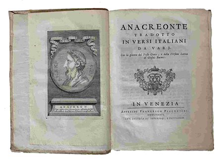ANACREONTE: Anacreonte Tradotto In Versi Italiani, Venezia, Francesco Piacentini, 1736