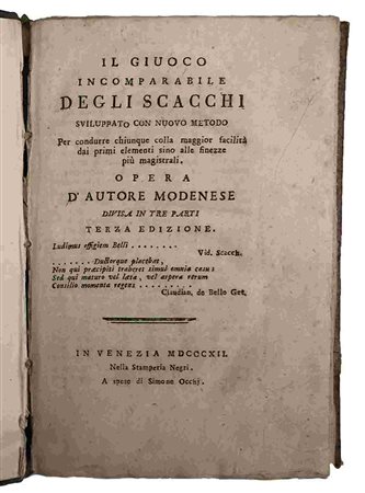 DOMENICO LORENZO PONZIANI: Il Giuoco Incomparabile Degli Scacchi, Venezia, Nella Stamperia Negri, 1812