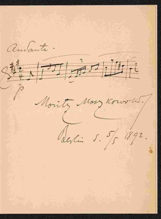 MORITZ MOSZKOWSKI: Citazione musicale autografa firmata dal compositore e pianista tedesco, datata "Berlin d. 5/5 1892 ". Una pagina (11,3 x 17,3 cm) su cartoncino, in buone condizioni. Sul retro: aut
