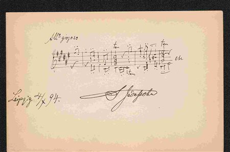 SALOMON JADASSOHN: Citazione musicale autografa firmata dal pianista tedesco, rinomato insegnante di pianoforte al Conservatorio di Lipsia, con data "Lipsia, 4/7/94". Una pagina (17,2 cm x 11,3 cm), i