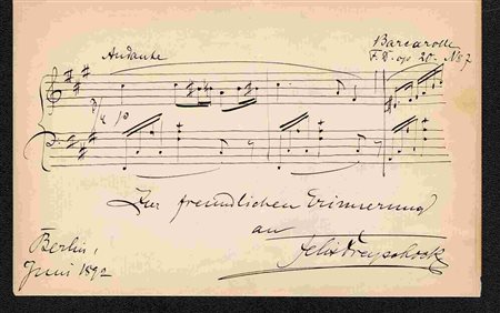 FELIX DREYSCHOCK: Citazione musicale autografa firmata dal pianista tedesco. Il compositore dedica una parte della sua "Barcarolle op. 20 n. 7". Una pagina (17,2 cm x 11,5 cm) su cartone in tedesco, d