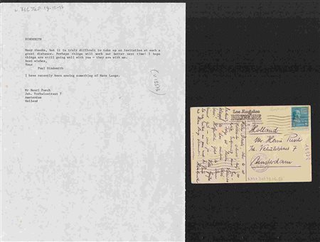 PAUL HINDEMITH: Una cartolina scritta dagli Stati Uniti con lungo testo autografo del compositore tedesco, datata 1939, e 1 lettera dattiloscritta senza firma autografa. Hindemith insegnт composizione
