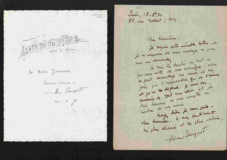 HENRI SAUGUET: Due lettere autografe del compositore francese, datate tra il 1940 e il 1971. Una riporta una breve citazione musicale autografa con firma, datata “31/5/71”. Una p. in-4.