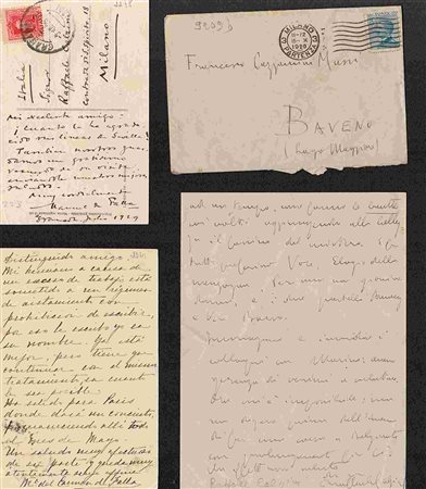 MANUEL DE FALLA: Lettera autografa firmata su cartolina postale e una lettera dattiloscritta con firma autografa della sorella del compositore Maria del Carmen de Falla, con post scriptum autografo de