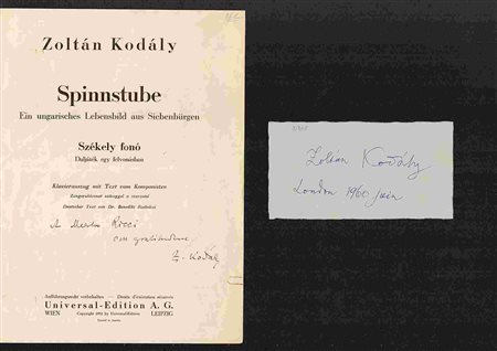 ZOLTAN KODALY: Una locandina a stampa e un biglietto con firma autografa, datato 1960, del compositore ungherese. A partire dal 1905 visitт i villaggi piщ remoti per raccogliere canzoni tradizionali e