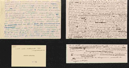 ERNST KRENEK: Quattro lettere di appunti autografi e un biglietto da visita. Il tema di riflessione é la musica moderna: “...la musique essentiellement moderne ne jaunit pas d'un contact satisfaisant 