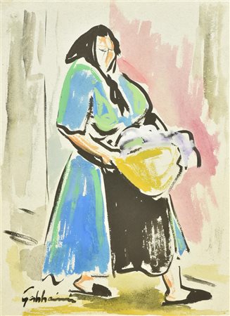 Gabbanini LA LAVANDAIA tecnica mista su carta Fabriano, cm 33x23 firma sul...