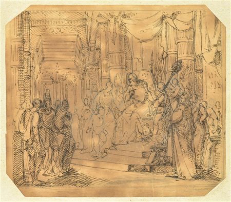 E. Leuri L'UDIENZA tecnica mista su carta, cm 19x22 firma sul retro:...