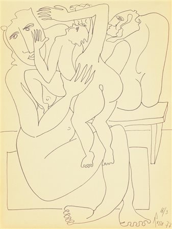 Russo DONNA CON BAMBINI pennarello su carta, cm 40x30 firma e data eseguito...