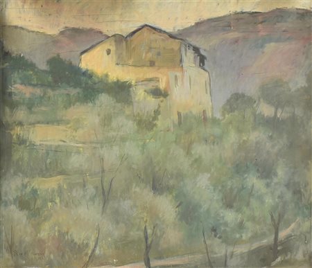 Reginaldo Grossi TAGGIA, ULIVI A SERA olio su tavola, cm 35x41,4 firma e data...