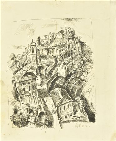 Azzori PAESE SUL COLLE penna su carta cm 28x23 firma L'opera presenta tracce...