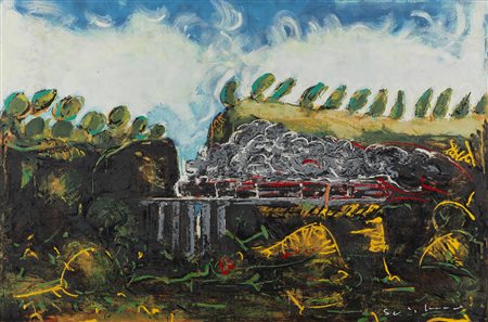 MARIO SCHIFANO    
Quadro severo con trenino allegro