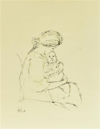 Ignoto MADRE CON BAMBINO stampa su carta cm 65x50 firma in lastra e data...