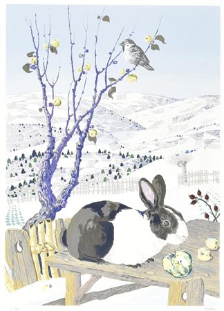 Enzo Bellini IL CONIGLIO E IL PASSERO serigrafia su carta, cm 70x50; es. I/V...