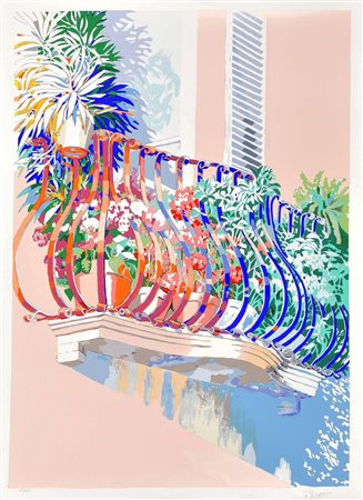 Giuseppe Grosso BALCONE FIORITO serigrafia su carta, cm 70x50; es. 22/150 firma