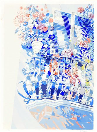 Giuseppe Grosso BALCONE FIORITO serigrafia su carta, cm 70x50; es. 129/150 firma