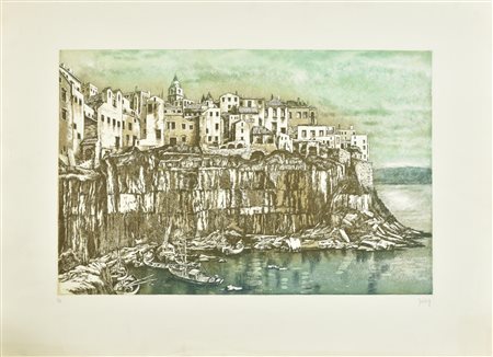 Rudi Gorog BORGO A PICCO SUL MARE incisione su carta, battuta cm 39x59, su...